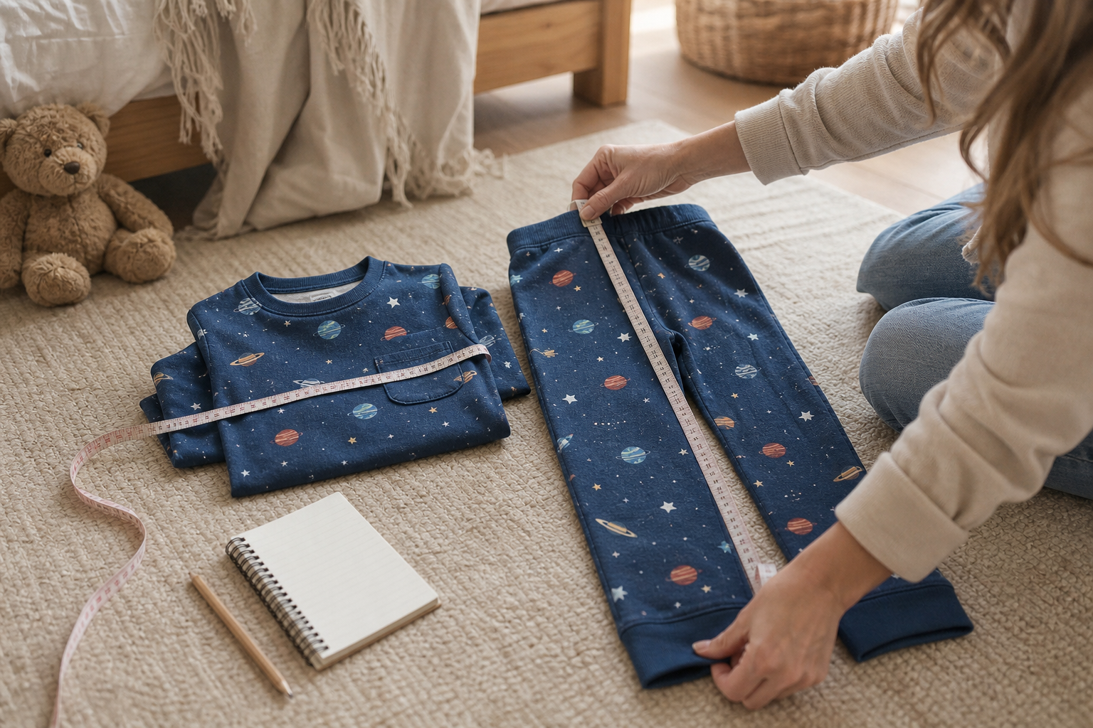 Kinderpyjama opmeten met meetlint voor maatadvies