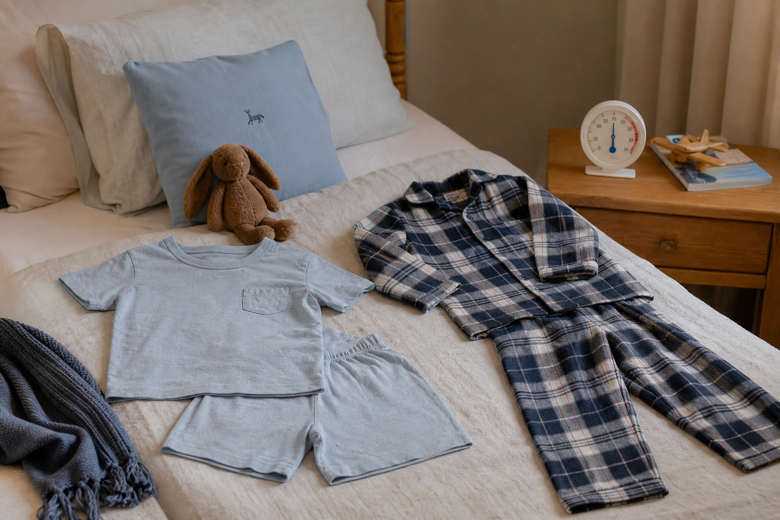 Warme flanellen kinderpyjama op bed