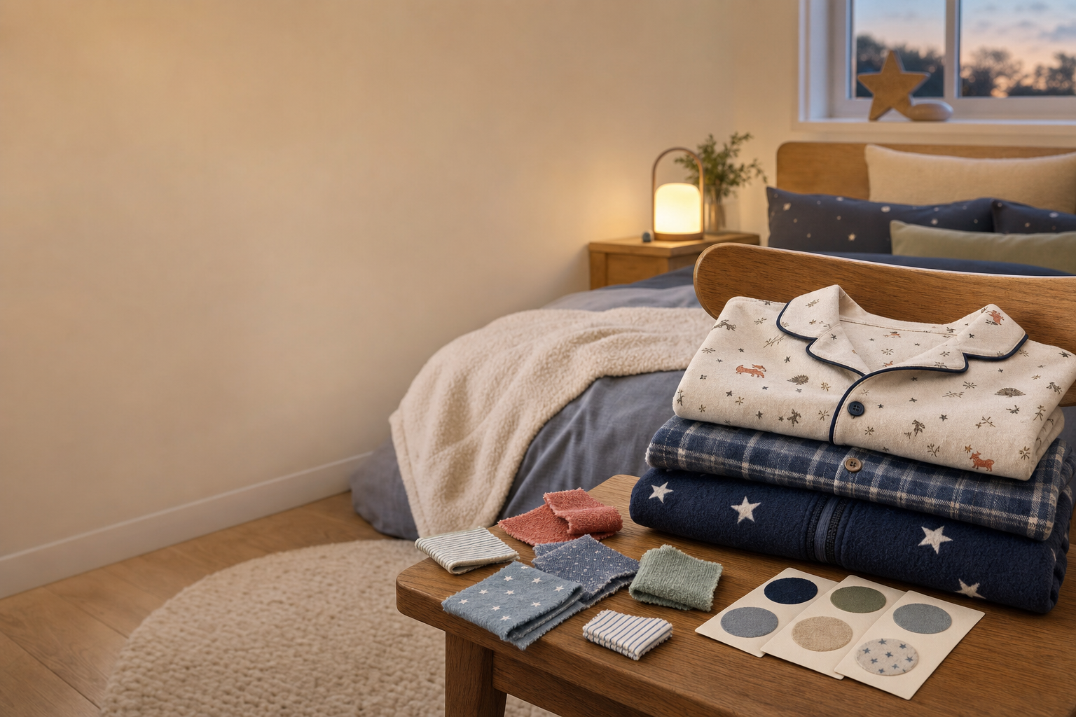 Kinderpyjama's en stofstalen op een slaapkamer