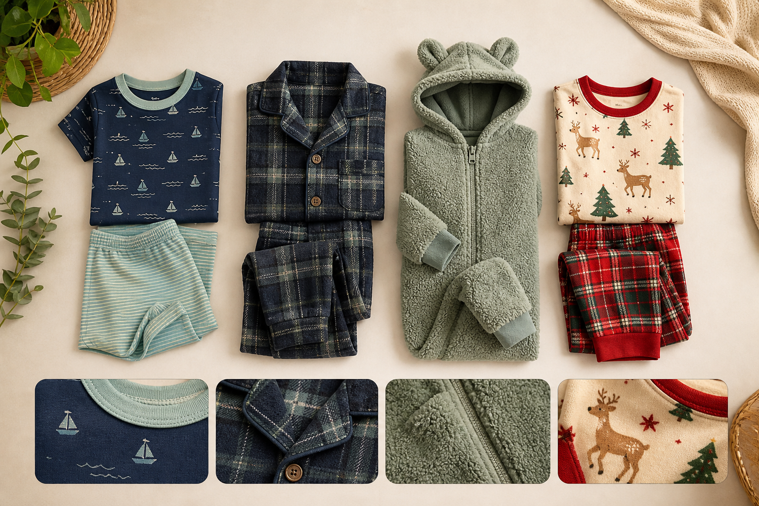 Vier soorten kinderpyjama's naast elkaar